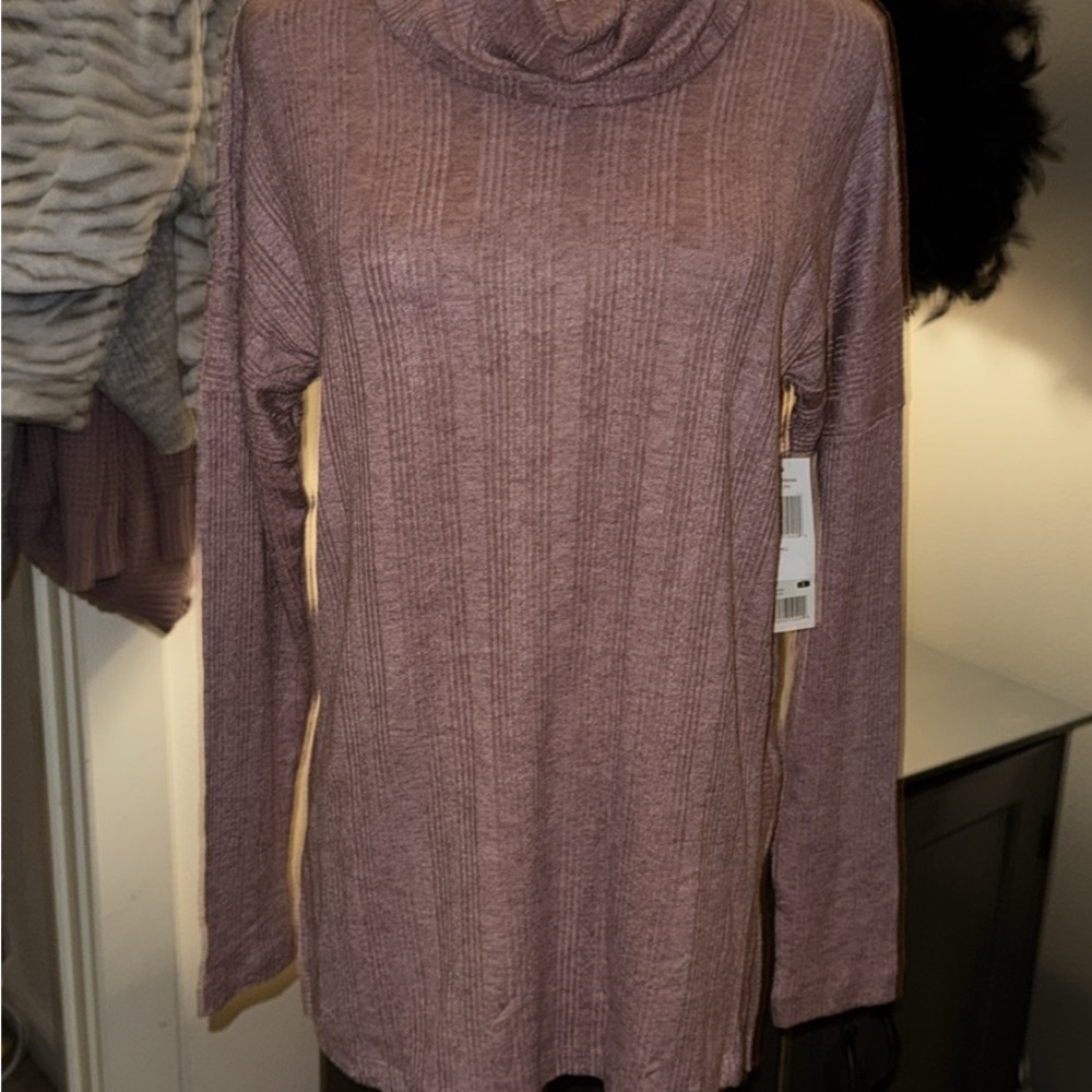Purple Cowl Neck Ribbed Sweater
